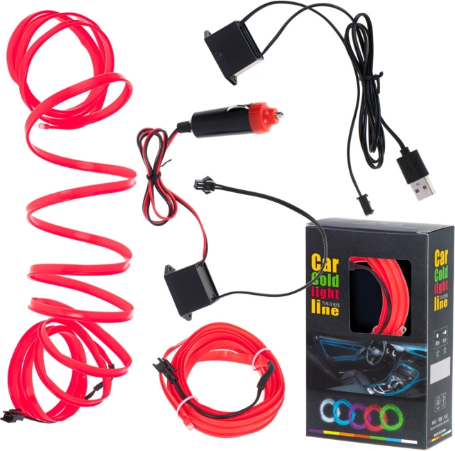 Ambientowe oświetlenie LED do auta i wnętrz, 3 m, czerwone, USB i 12 V