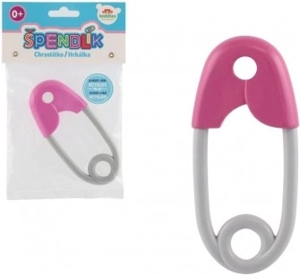 Plastowa grzechotka w kształcie agrafki dla niemowląt 12 cm różowo‑szara