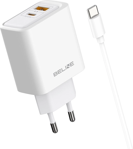Ładowarka sieciowa Beline 45 W USB-A/USB-C z kablem GaN PD, biała