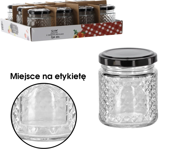 Szklany słoik 120 ml z kryształowego szkła z czarną metalową pokrywką