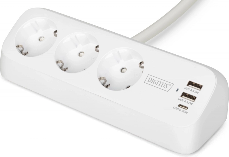 Biurkowa listwa przeciwprzepięciowa z klamrą, 3 gniazda Schuko, 2× USB‑A 12 W, 1× USB‑C 30 W, kabel 1,5 m, biała
