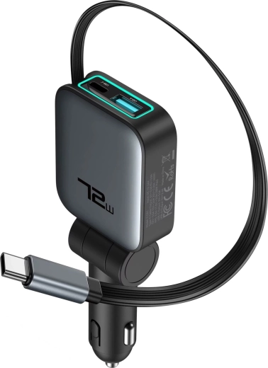 Ładowarka samochodowa Renew Force 3w1 72 W ze zwijanym kablem USB-C
