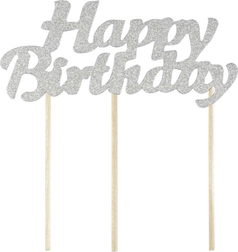 Dekoracja na tort Happy Birthday srebrna