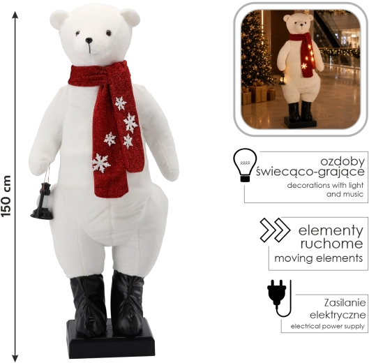 Nadmuchiwana dekoracja bożonarodzeniowa w kształcie niedźwiedzia polarnego z oświetleniem LED, melodią i ruchem, 150 cm