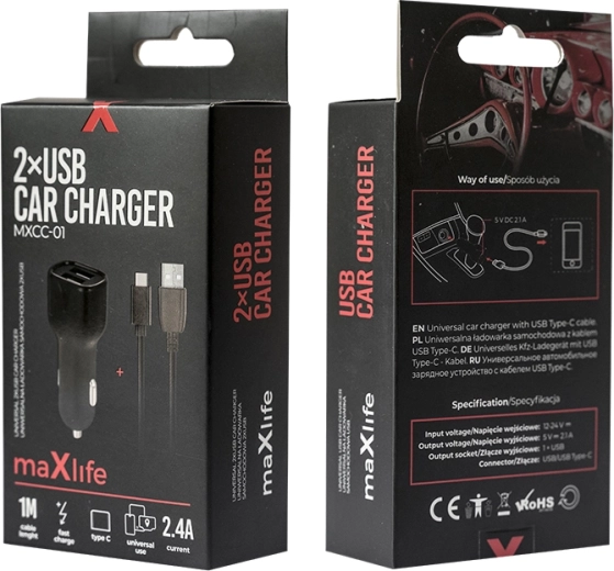 Ładowarka samochodowa MAXLIFE 2× USB + USB‑C 2,4 A, czarna