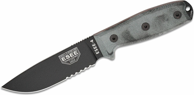 ESEE nóż 4S z częściowym ząbkowaniem, 11,4 cm, czarny/szary, Micarta, pochwa MOLLE