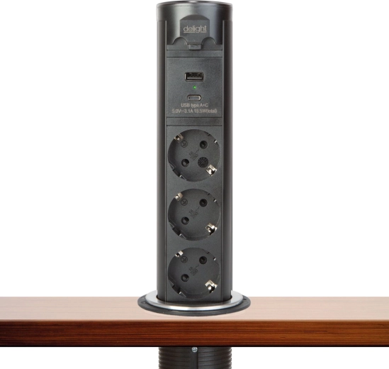 Wysuwana listwa zasilająca Touchcontrol z silnikiem, 3 gniazdami, USB-A i USB-C, czarna