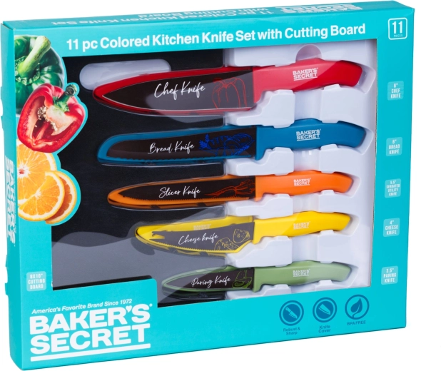Baker's Secret 11-elementowy zestaw kolorowych noży kuchennych z deską do krojenia