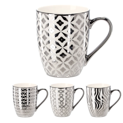 Porcelanowy kubek 340 ml w srebrno-białym kolorze z geometrycznymi wzorami