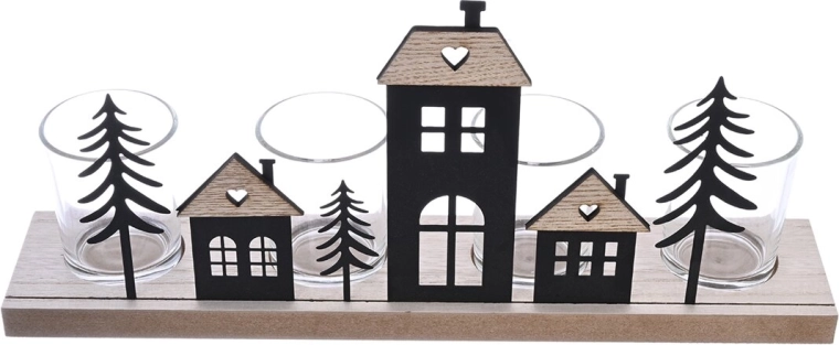 Adwentowy świecznik domki z drewna i metalu 37 × 7 × 16 cm