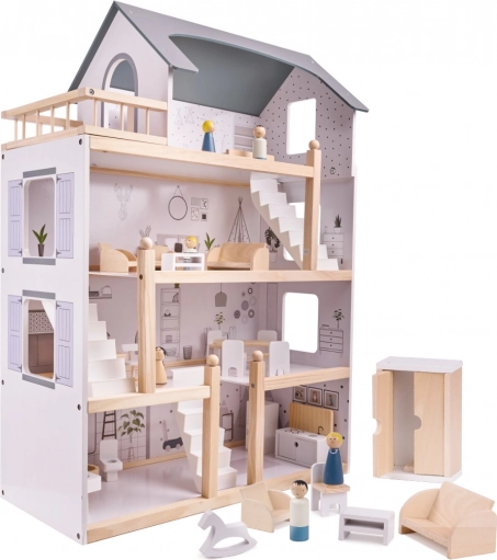 Jasny drewniany domek dla lalek z meblami - 80cm