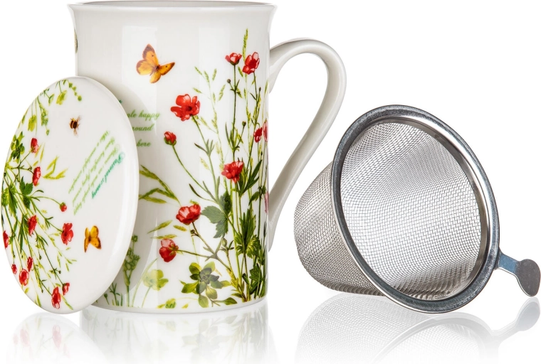 Ceramiczny kubek z pokrywką i stalowym sitkiem 300 ml Meadow Flowers