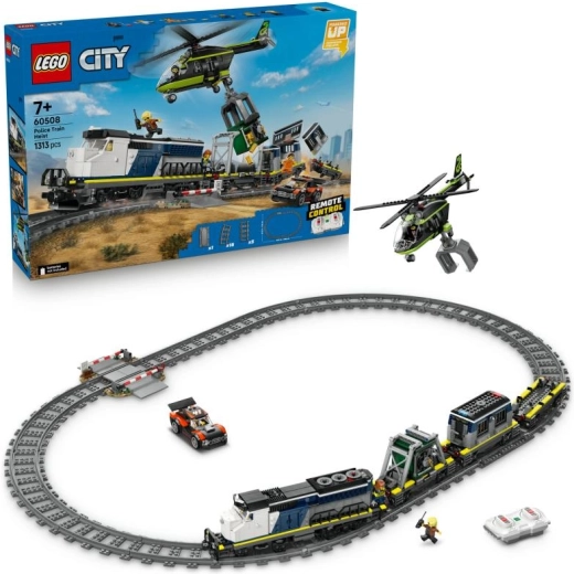 LEGO City Napad w policyjnym pociągu – zdalnie sterowany zestaw pociągu z helikopterem i minifigurkami