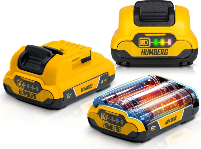 Dwa wymienne akumulatory 12V Li‑Ion z wskaźnikiem LED