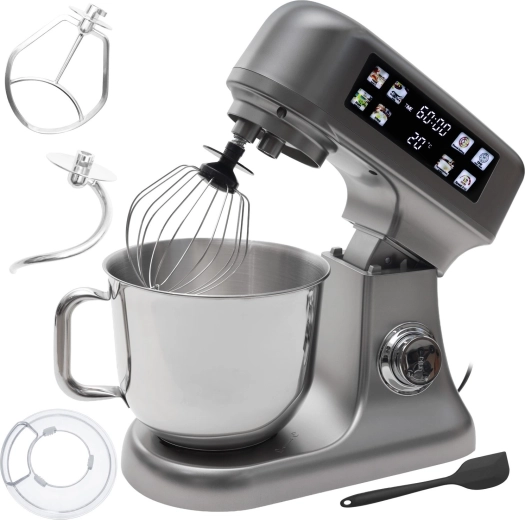 Kuchenny robot planetarny Bauerkraft z miską 6 l, panelem LED, funkcją fermentacji i wbudowaną wagą, srebrny