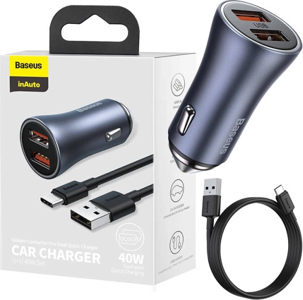 Ładowarka samochodowa Baseus z podwójnym USB i kablem USB-C
