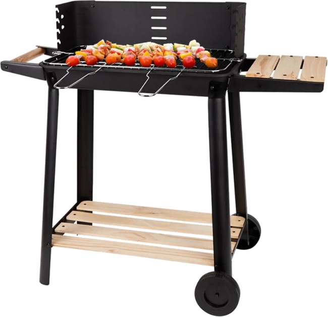 Przenośny grill ogrodowy na węgiel drzewny z regulowanym rusztem i półkami