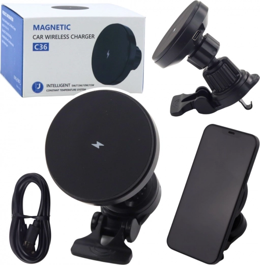 Magnetyczny uchwyt samochodowy z bezprzewodowym ładowaniem 15 W
