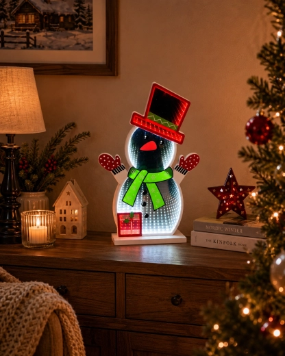 Świąteczna dekoracja 3D LED bałwanek z lustrzanym efektem Infinity – 1 sztuka