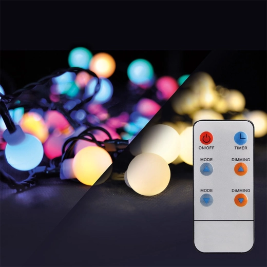 Solight zewnętrzny łańcuch LED na Boże Narodzenie 2w1 z kulkami i pilotem, 100 LED, RGB + neutralna biel, 10 m + 5 m, IP44