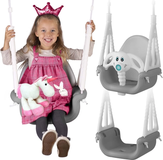 Ricokids dziecięca huśtawka kubełkowa Słonik 3w1 szaro-biała