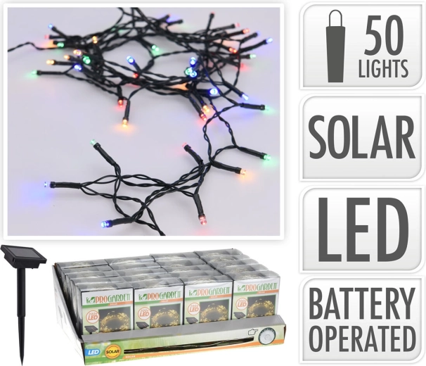 Solarny łańcuch świetlny 2 m, 50 LED, kolorowy, zielony przewód