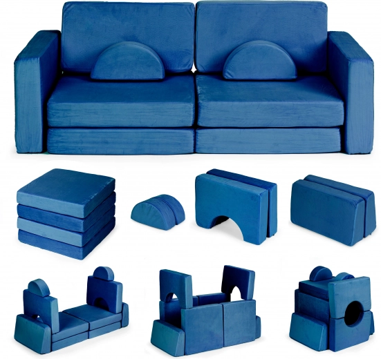 Składana modułowa dziecięca sofa dla 2 dzieci, 10 poduszek ECOTOYS – niebieska
