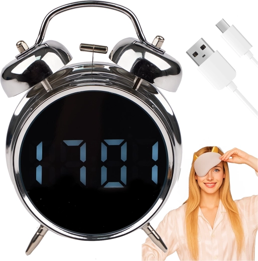 Izoxis retro cyfrowy budzik z metalowymi dzwonkami i wyświetlaczem LED - 1 sztuka