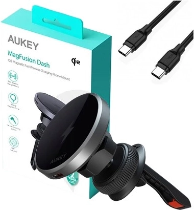 Magnetyczny uchwyt samochodowy z bezprzewodowym ładowaniem 15 W AUKEY Qi2 (czarny)