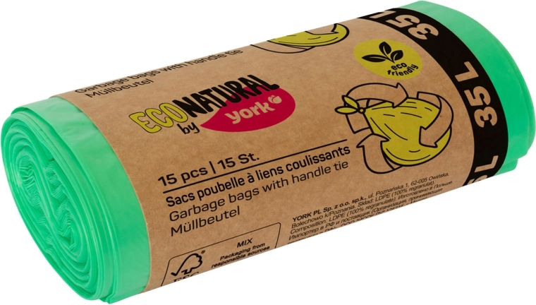 Ekologiczne worki na śmieci z uszami 35 l, zielone, 50 × 60 cm (15 szt.)