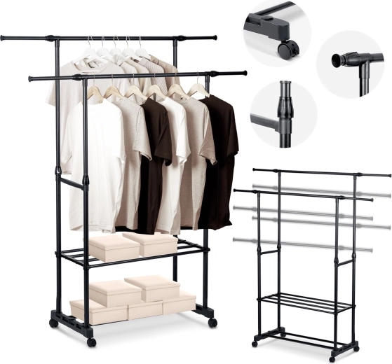 Wolnostojący wieszak na ubrania Massido, czarny, z kółkami i półkami