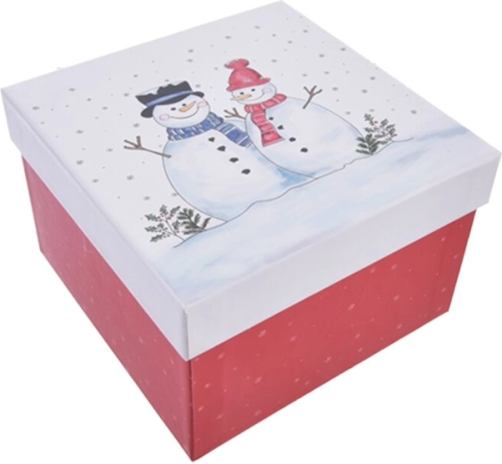 Prezentowe pudełko papierowe ze śniegulkami czerwone 15,5 × 15,5 × 10 cm