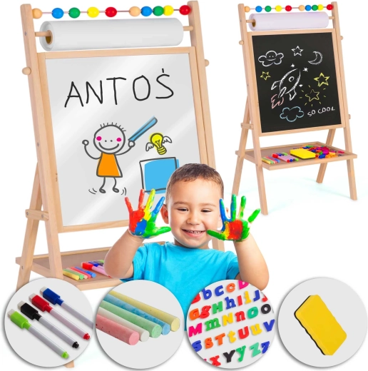 Dziecięca obrotowa tablica magnetyczna i kredowa z rolką papieru RICOKIDS
