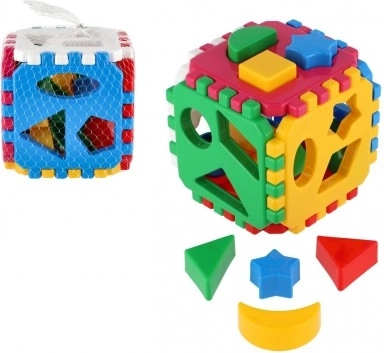 Plastowa kostka do sortowania kształtów 12 × 12 cm w siatce