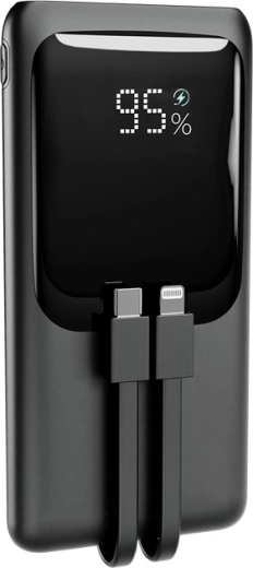 Powerbank 10 000 mAh ze zintegrowanymi kablami, wyświetlaczem LCD i szybkim ładowaniem 20 W, czarna