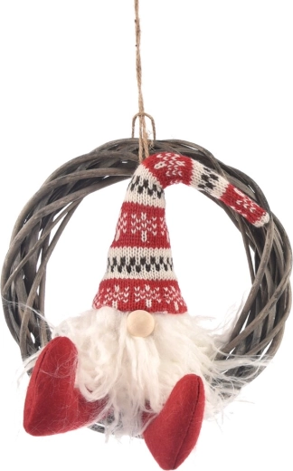 Bożonarodzeniowy wiszący wianek wiklinowy ze skrzatem 28 cm