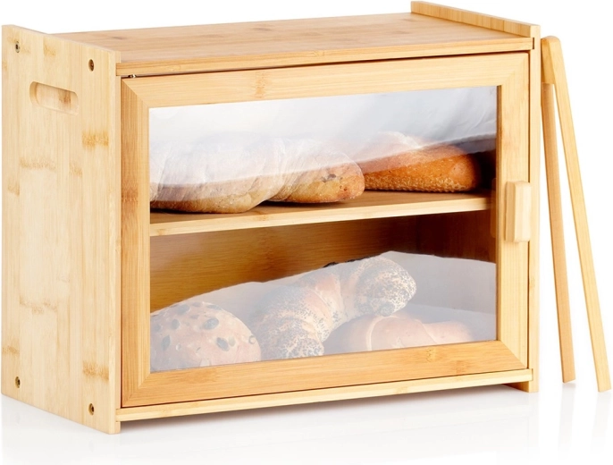 Bambusowy, dwupoziomowy chlebak ze szczypcami 40 × 20 × 31 cm