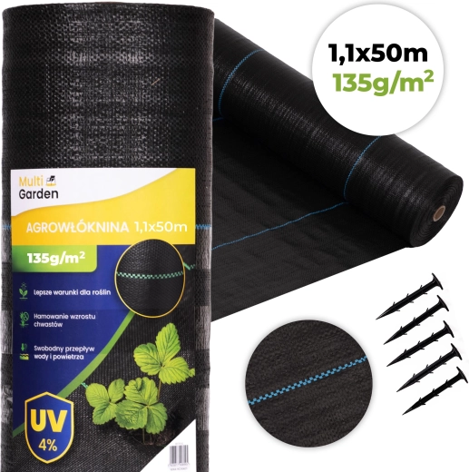 Agrowłóknina przeciw chwastom 135 g/m² 1,1×50 m z kołkami, MultiGarden