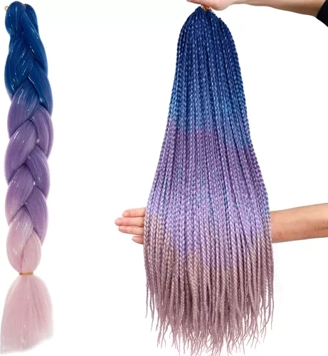 Syntetyczne warkocze ombre z połyskującymi pasmami, niebiesko‑fioletowo‑różowe, 60 cm
