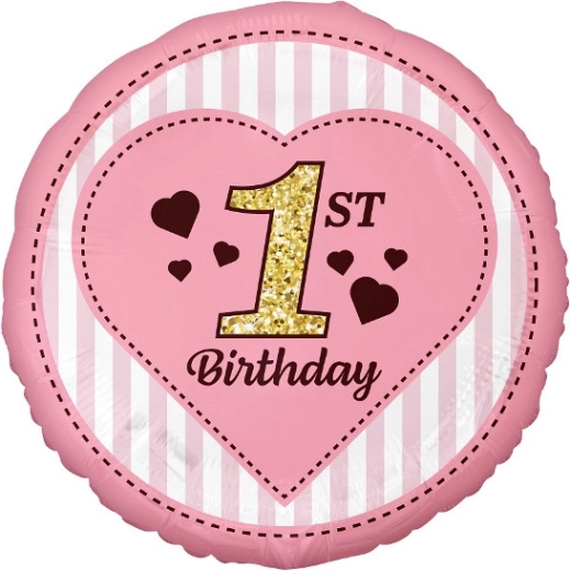 Różowy balon foliowy 45 cm – 1st Birthday