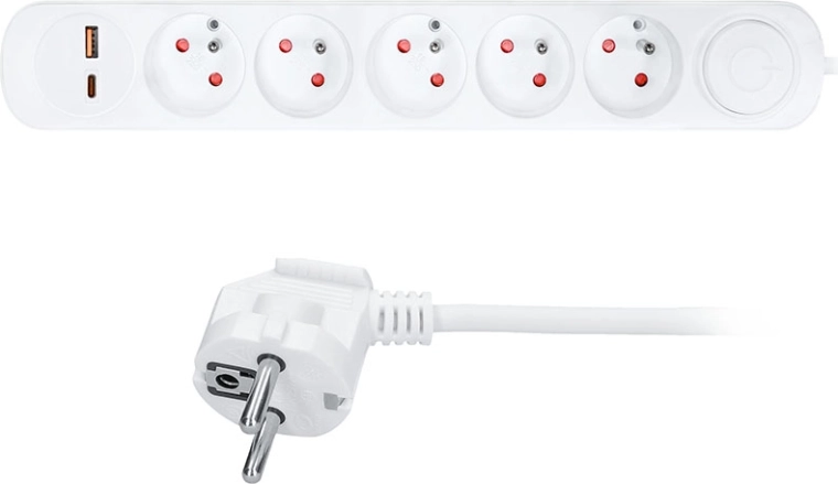 Solight przedłużacz zasilający z 5 gniazdami oraz ładowaniem USB-A/C, 3 m, biały