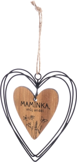 Zawieszane serce „Maminka” z drewna i metalu, brązowe