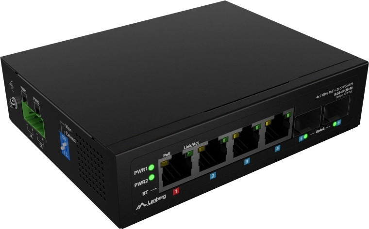 Lekki przemysłowy przełącznik PoE Lanberg na szynę DIN 4× RJ45 + 2× SFP gigabit