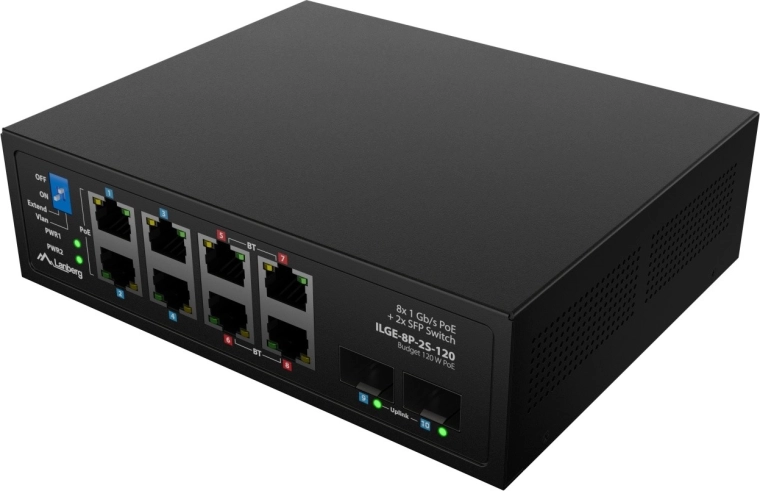 8× Gigabit PoE + 2× uplink SFP dla elastycznej topologii