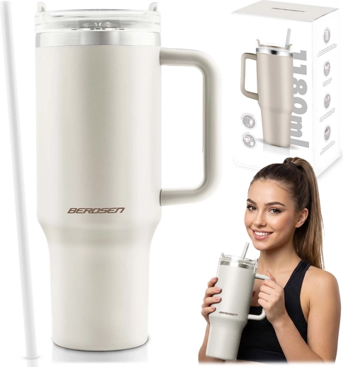 Kubek termiczny Berdsen ze słomką 1180 ml, kremowy