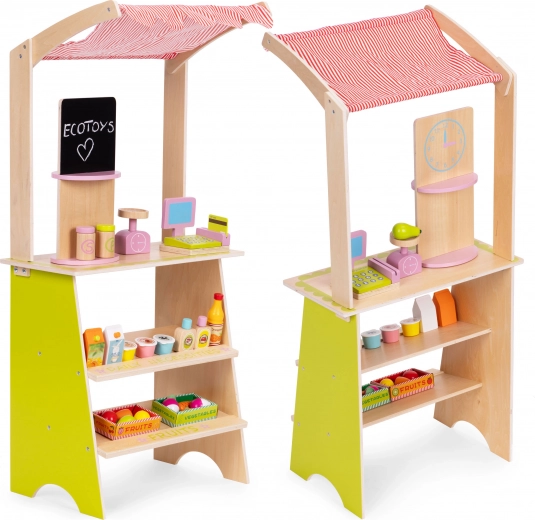 Drewniany dziecięcy stragan z terminalem i wagą ECOTOYS, 20 elementów