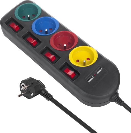 Listwa zasilająca z przełącznikami, 4 gniazdami i 2× USB – Czarna