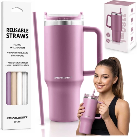 Berdsen próżniowy kubek termiczny 1180 ml z zestawem słomek, różowy
