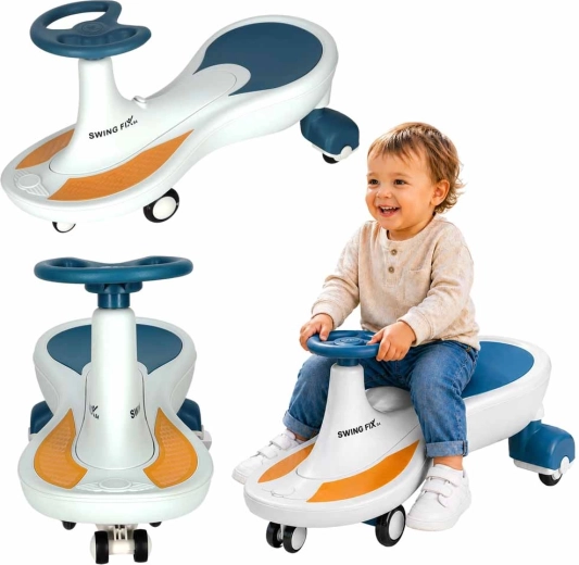 Dziecięcy jeździk grawitacyjny Swing Fix S4 z kołami LED i muzyką, beżowo-biały