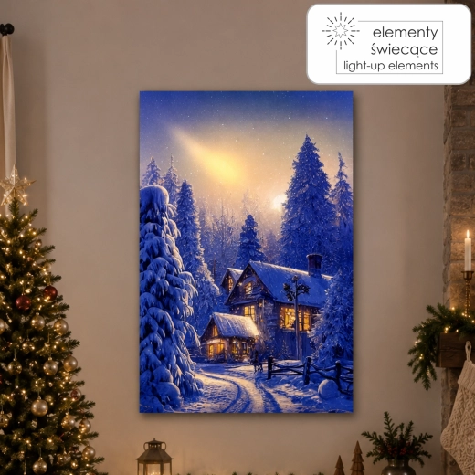 Obraz na płótnie z oświetleniem LED – zimowy dom w lesie 40 × 60 × 3,2 cm - 1 szt.